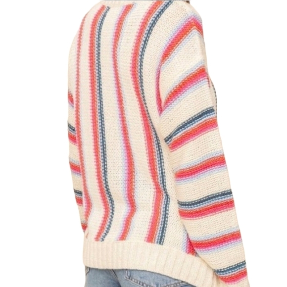 HEM & THREAD Women's Soft Oversized Cream Striped Pullover Knit Sweater - Picture 3 of 13